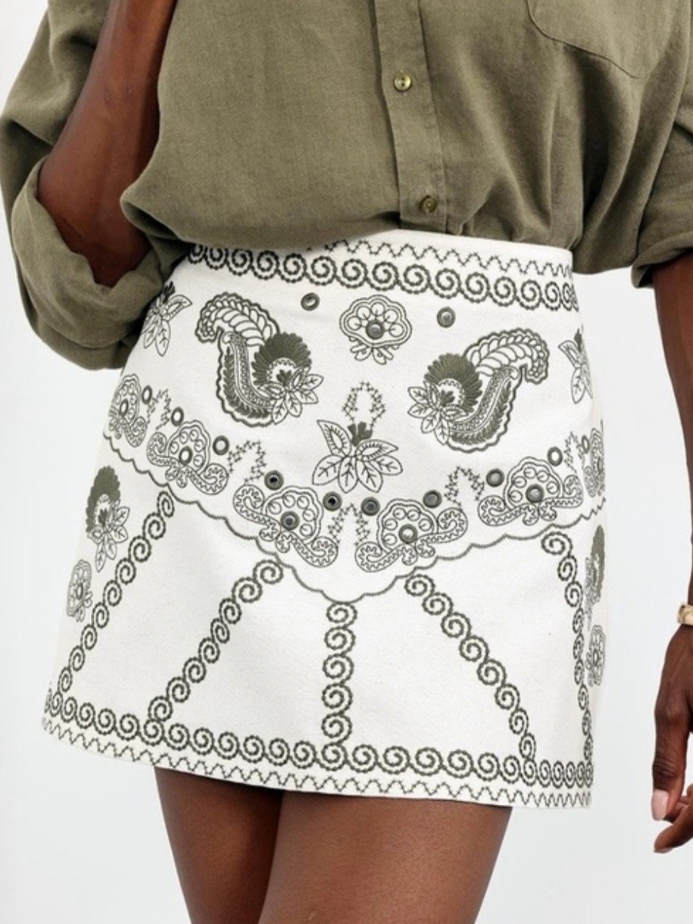 Zara White Mini Skirt with Olive Paisley Embroidery